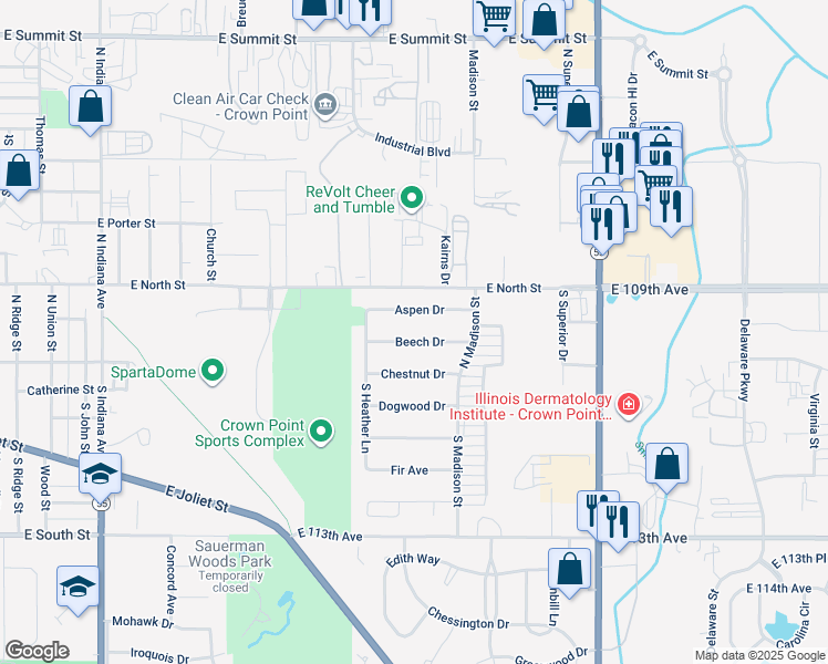 map of restaurants, bars, coffee shops, grocery stores, and more near 1719 Aspen Drive in Crown Point