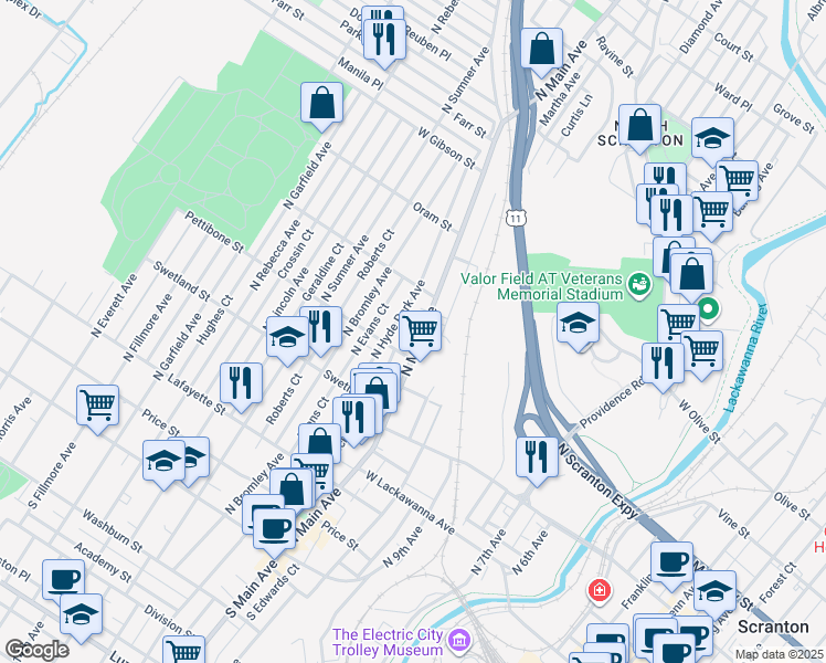 map of restaurants, bars, coffee shops, grocery stores, and more near 644 North Hyde Park Avenue in Scranton