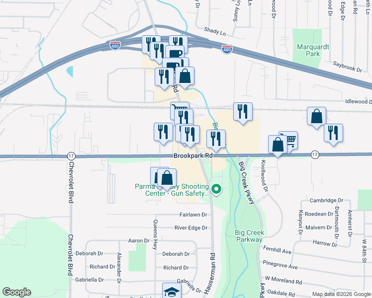 map of restaurants, bars, coffee shops, grocery stores, and more near 10700 Brookpark Rd in Brooklyn