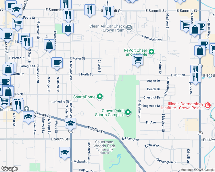 map of restaurants, bars, coffee shops, grocery stores, and more near 251 Bulldog Boulevard in Crown Point
