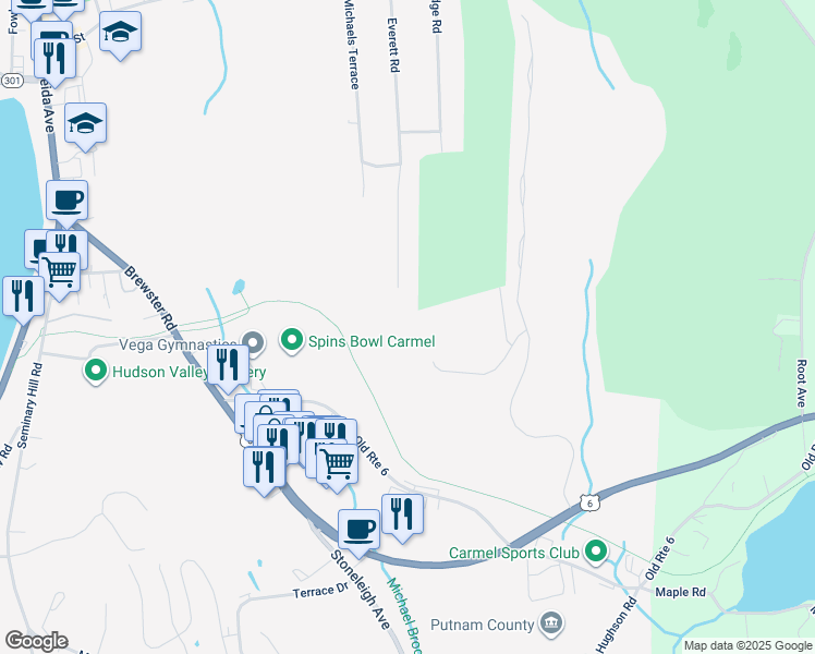 map of restaurants, bars, coffee shops, grocery stores, and more near 69 Everett Road in Carmel