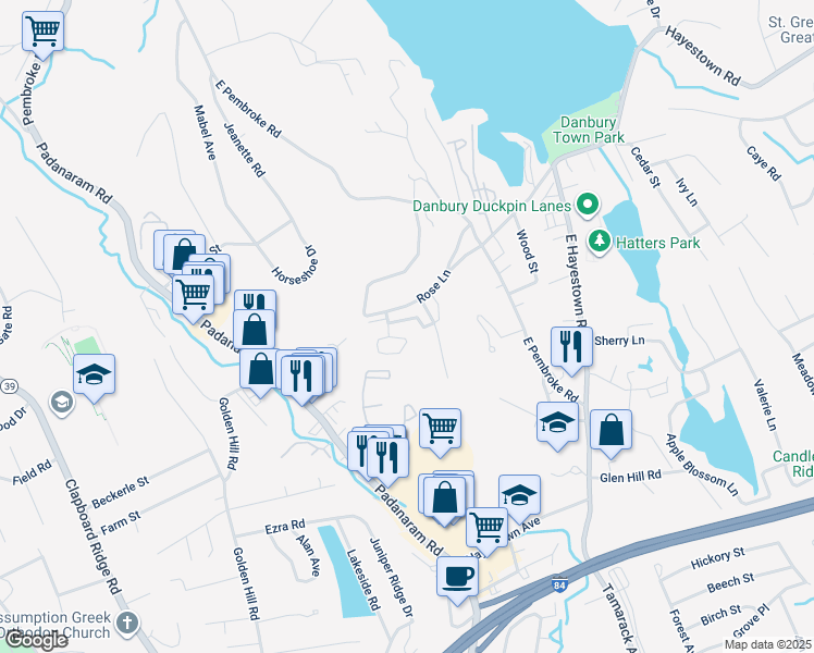 map of restaurants, bars, coffee shops, grocery stores, and more near 19 Rose Lane in Danbury