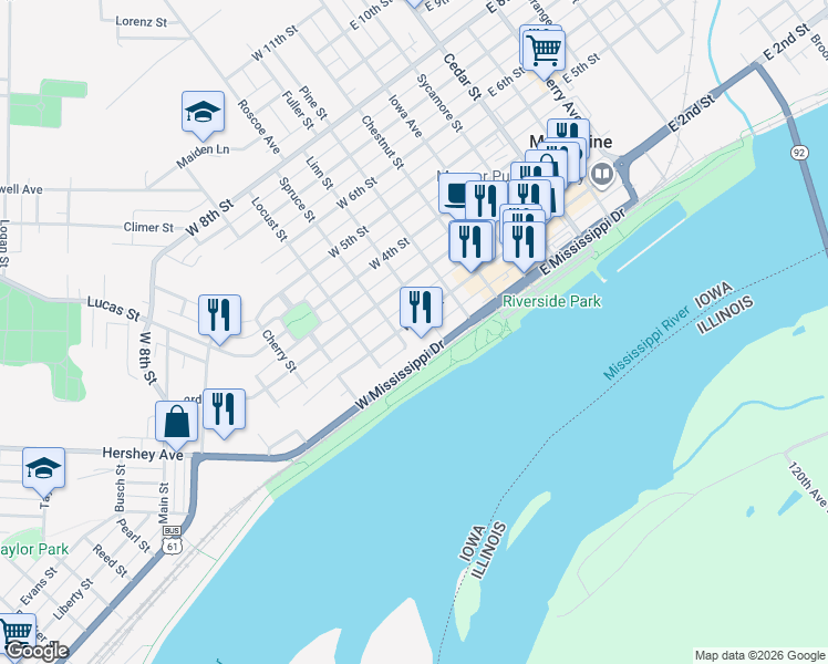 map of restaurants, bars, coffee shops, grocery stores, and more near 415 West 2nd Street in Muscatine