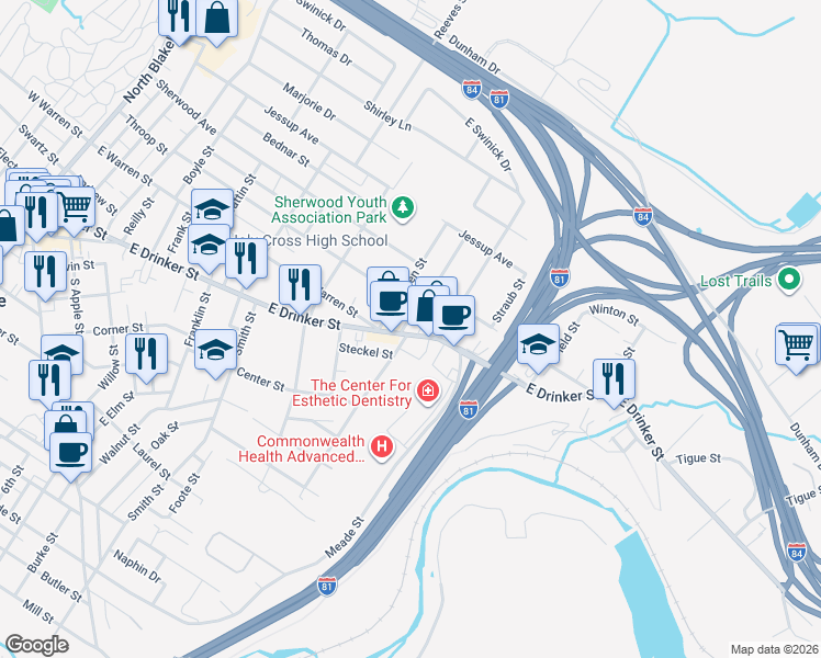 map of restaurants, bars, coffee shops, grocery stores, and more near 120-122 Gibbons Street in Dunmore