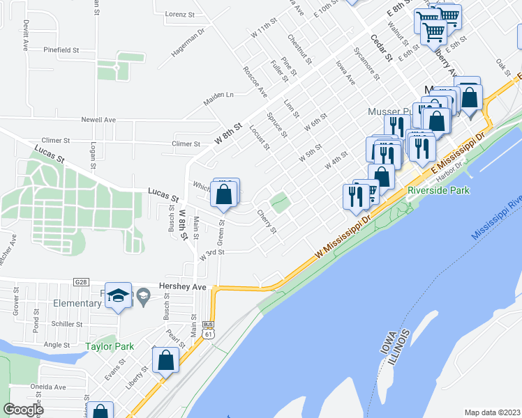 map of restaurants, bars, coffee shops, grocery stores, and more near 715 West 4th Street in Muscatine