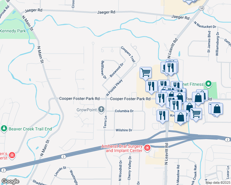 map of restaurants, bars, coffee shops, grocery stores, and more near 3290 Cooper Foster Park Road in Lorain