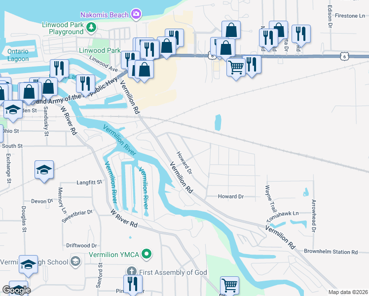 map of restaurants, bars, coffee shops, grocery stores, and more near 767 Gardiner Road in Vermilion