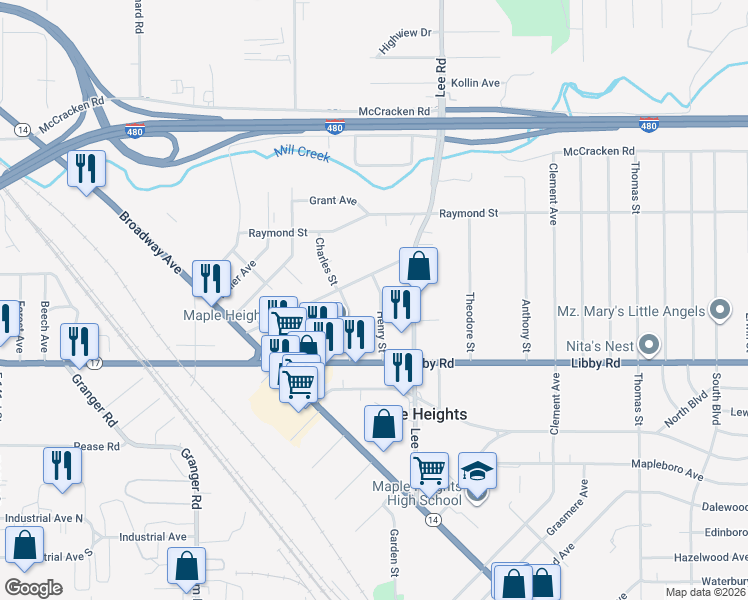 map of restaurants, bars, coffee shops, grocery stores, and more near 5195 Henry Street in Maple Heights