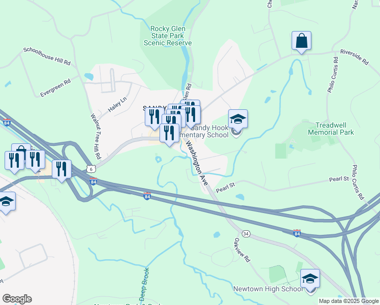 map of restaurants, bars, coffee shops, grocery stores, and more near 5 Washington Avenue in Newtown