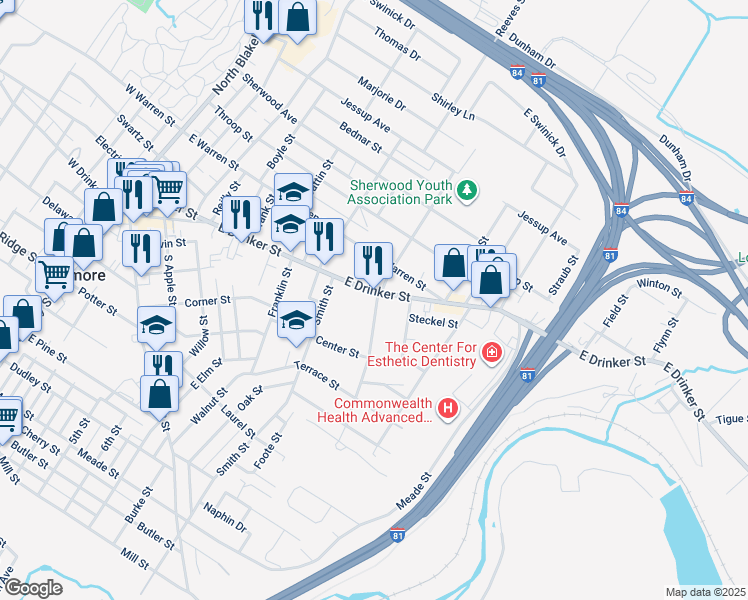 map of restaurants, bars, coffee shops, grocery stores, and more near 625 East Drinker Street in Dunmore