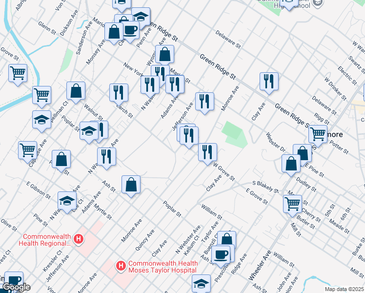 map of restaurants, bars, coffee shops, grocery stores, and more near 1319 Madison Avenue in Dunmore