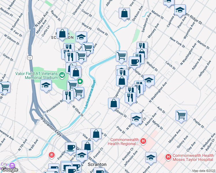 map of restaurants, bars, coffee shops, grocery stores, and more near 109 Green Street in Scranton