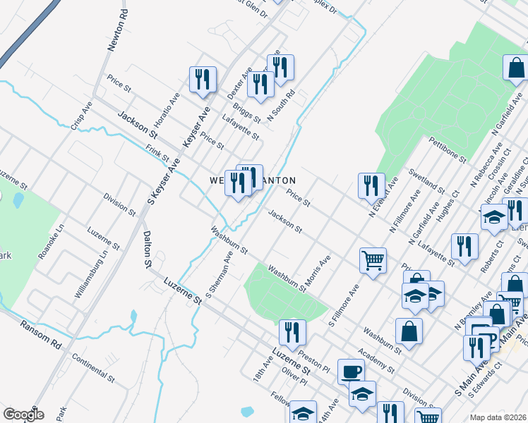 map of restaurants, bars, coffee shops, grocery stores, and more near 100 Griff Ave in Scranton