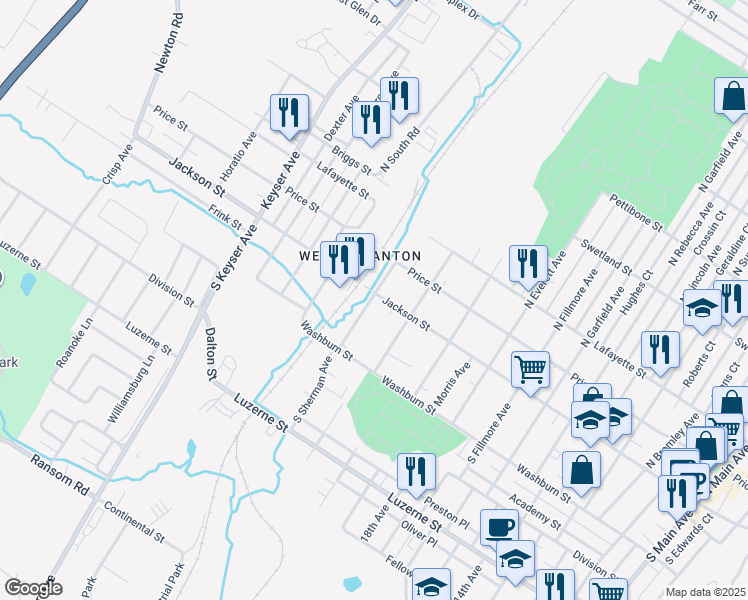 map of restaurants, bars, coffee shops, grocery stores, and more near 100 Griff Ave in Scranton
