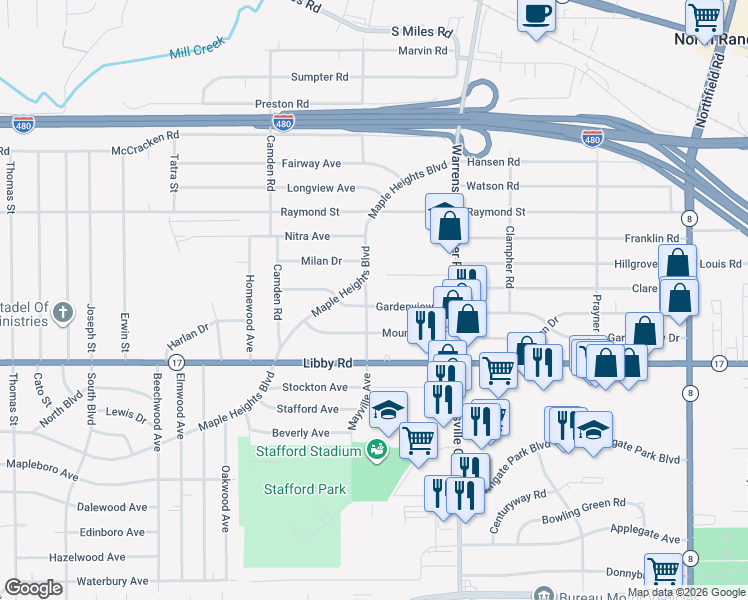 map of restaurants, bars, coffee shops, grocery stores, and more near 19718 Maple Heights Boulevard in Maple Heights