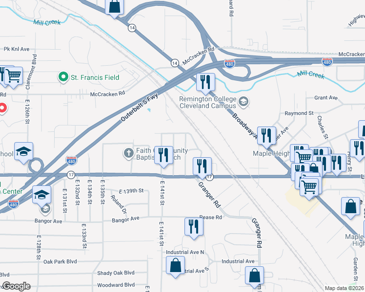 map of restaurants, bars, coffee shops, grocery stores, and more near 5198 Beech Avenue in Maple Heights