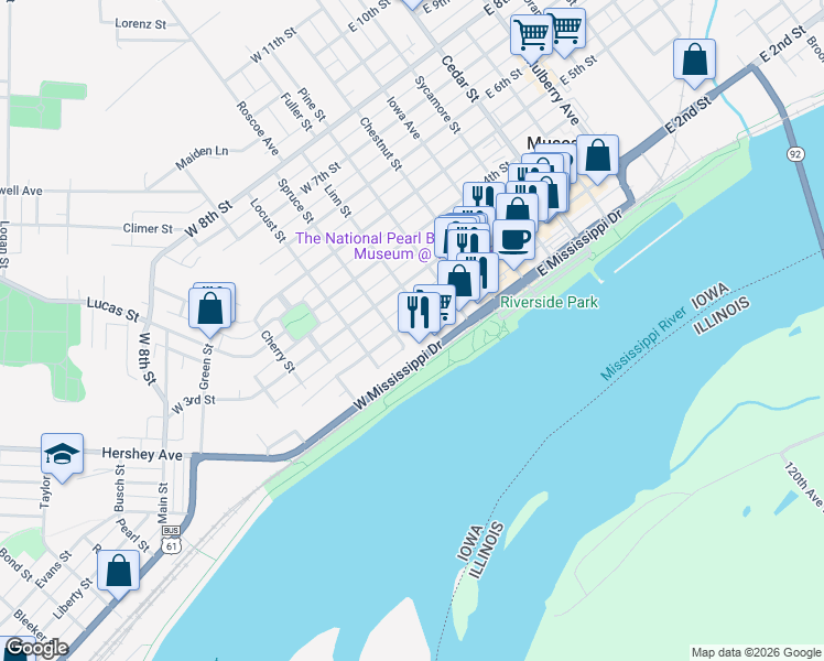 map of restaurants, bars, coffee shops, grocery stores, and more near 415 West 2nd Street in Muscatine
