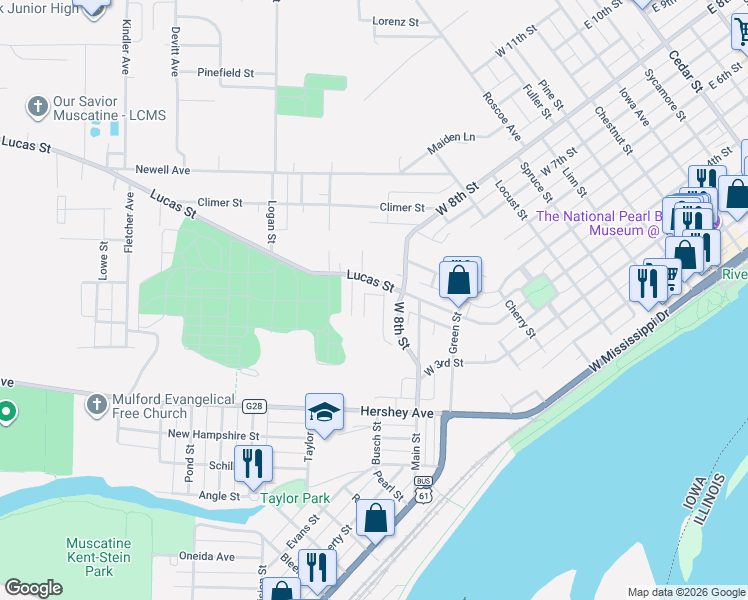 map of restaurants, bars, coffee shops, grocery stores, and more near 1514 Lucas Street in Muscatine