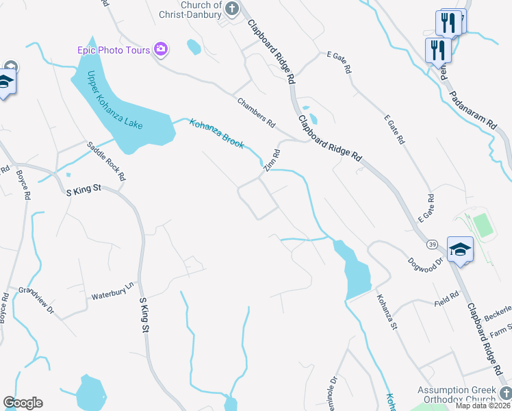 map of restaurants, bars, coffee shops, grocery stores, and more near 2 South Meadow Drive in Danbury