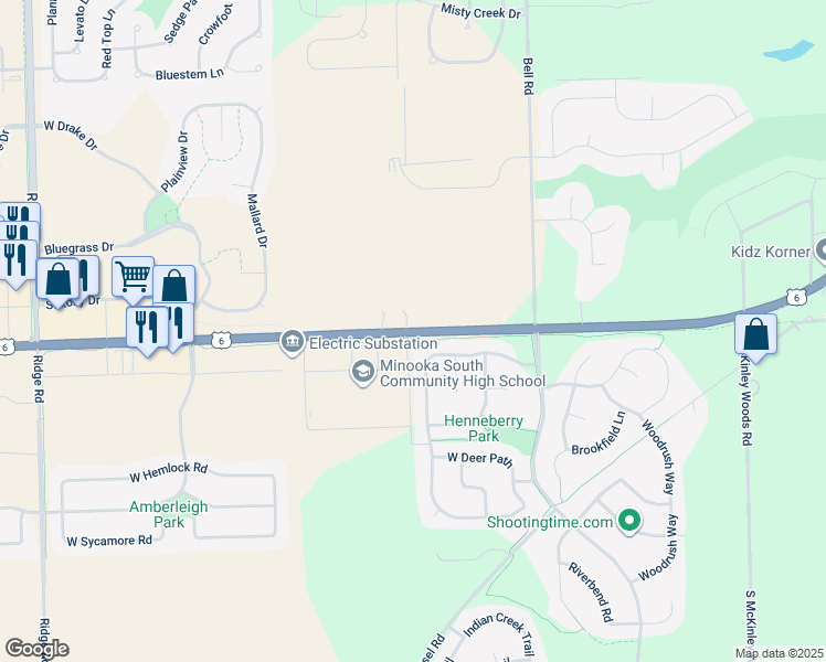map of restaurants, bars, coffee shops, grocery stores, and more near 8742 County Road 9000 North in Minooka