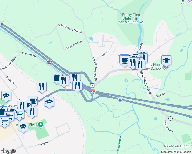 map of restaurants, bars, coffee shops, grocery stores, and more near 8 Walnut Tree Hill Road in Newtown
