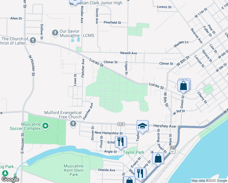 map of restaurants, bars, coffee shops, grocery stores, and more near 1814 Lucas Street in Muscatine
