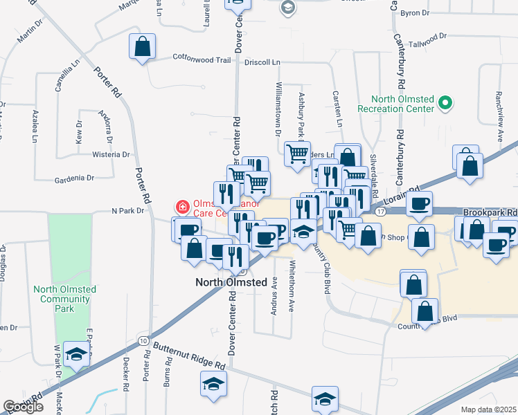 map of restaurants, bars, coffee shops, grocery stores, and more near 26741 Brookpark Road Extention in North Olmsted