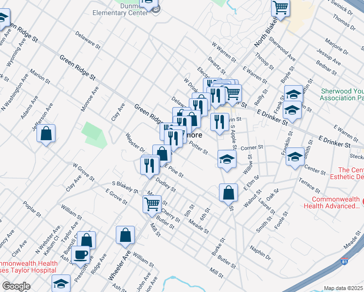 map of restaurants, bars, coffee shops, grocery stores, and more near in Dunmore