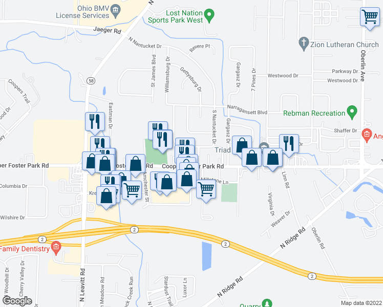map of restaurants, bars, coffee shops, grocery stores, and more near 5823 Williamsburg Drive in Lorain