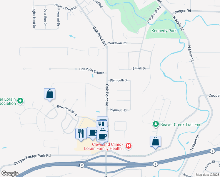 map of restaurants, bars, coffee shops, grocery stores, and more near 5906 Oak Point Road in Lorain