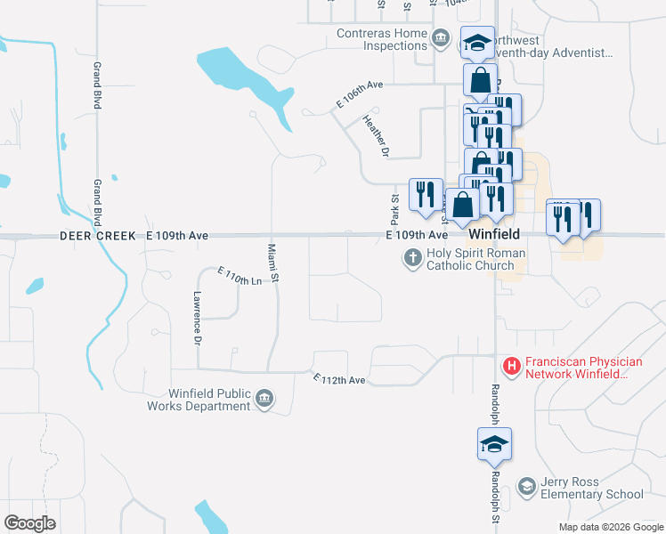 map of restaurants, bars, coffee shops, grocery stores, and more near 10949 Wynbrook Dr in Crown Point