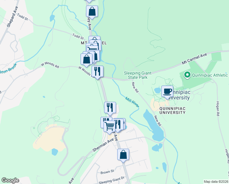 map of restaurants, bars, coffee shops, grocery stores, and more near 3449 Whitney Avenue in Hamden