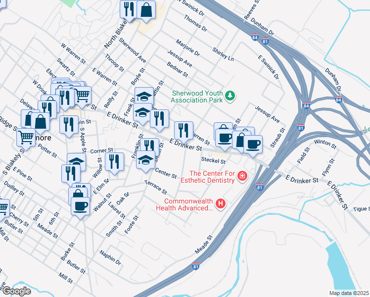 map of restaurants, bars, coffee shops, grocery stores, and more near 625 East Drinker Street in Dunmore
