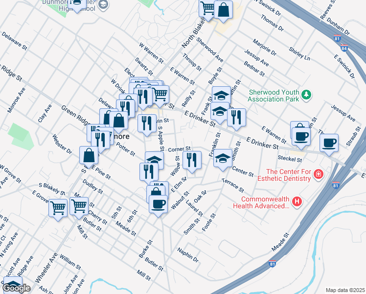map of restaurants, bars, coffee shops, grocery stores, and more near 312 Willow Street in Dunmore