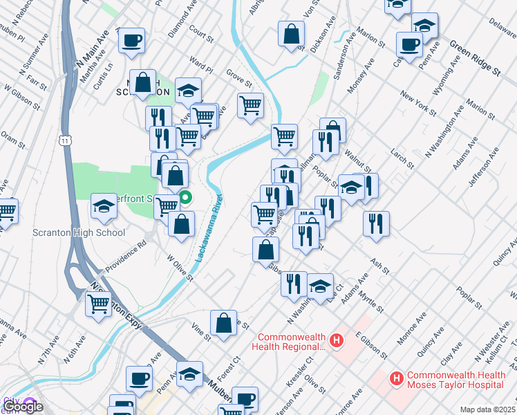 map of restaurants, bars, coffee shops, grocery stores, and more near 918 Sanderson Avenue in Scranton