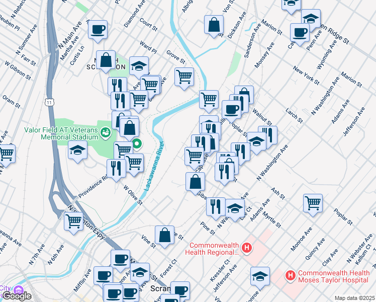 map of restaurants, bars, coffee shops, grocery stores, and more near 109 Green Street in Scranton