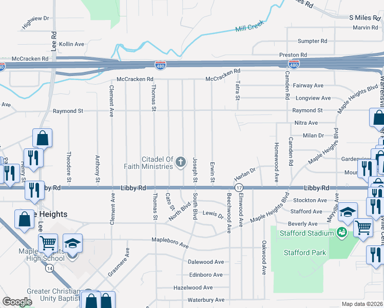 map of restaurants, bars, coffee shops, grocery stores, and more near 5194 Joseph Street in Maple Heights