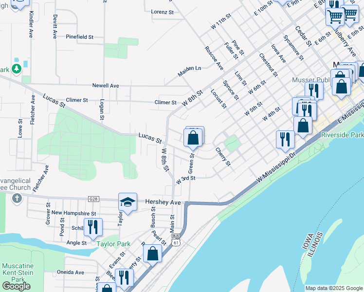 map of restaurants, bars, coffee shops, grocery stores, and more near 939 Whicher Street in Muscatine