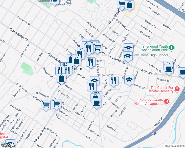 map of restaurants, bars, coffee shops, grocery stores, and more near 217 Chestnut Street in Scranton