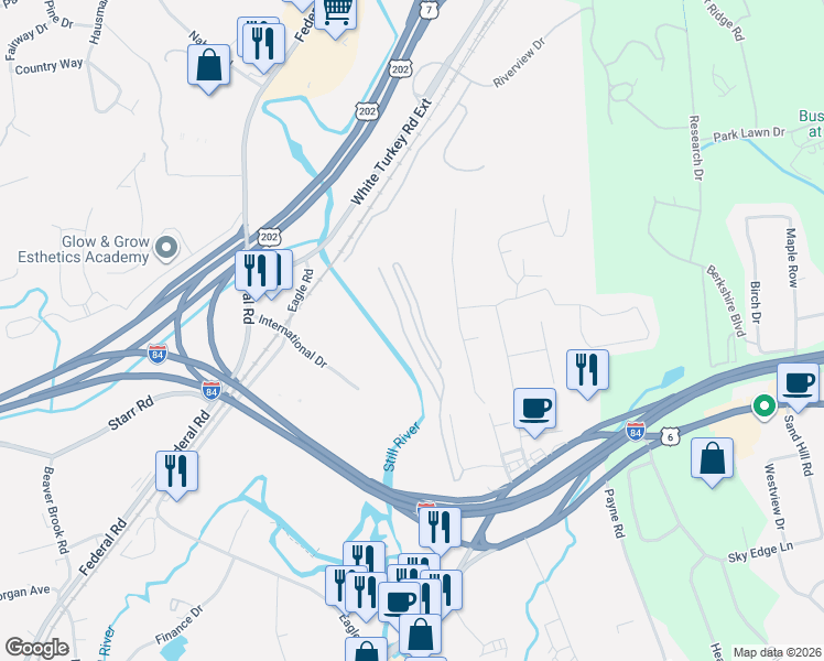 map of restaurants, bars, coffee shops, grocery stores, and more near 2 Mountainview Terrace in Danbury