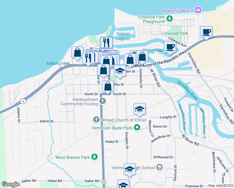 map of restaurants, bars, coffee shops, grocery stores, and more near Exchange Street in Vermilion