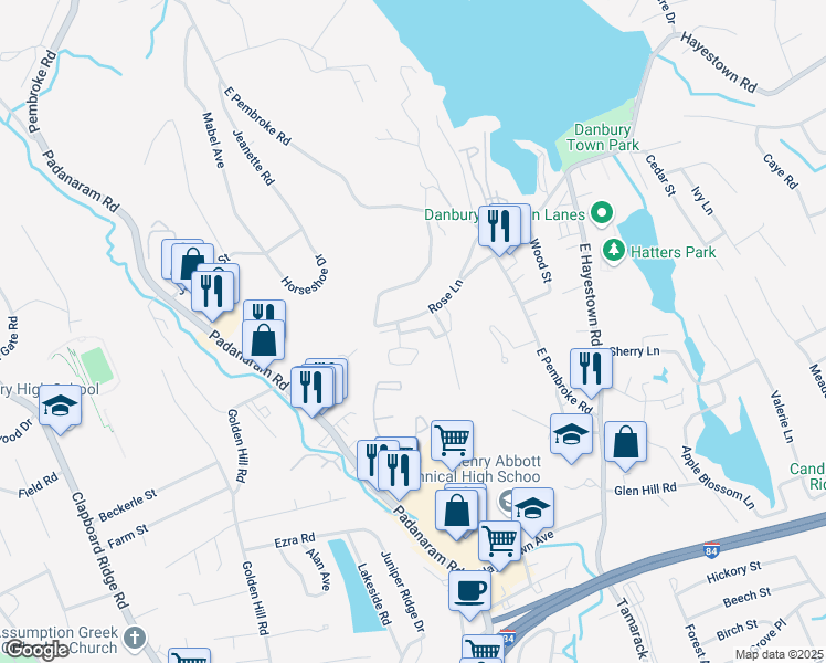 map of restaurants, bars, coffee shops, grocery stores, and more near 19 Rose Lane in Danbury