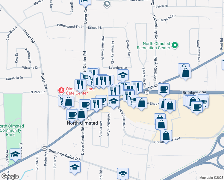 map of restaurants, bars, coffee shops, grocery stores, and more near 26661 Brookpark Extension in North Olmsted