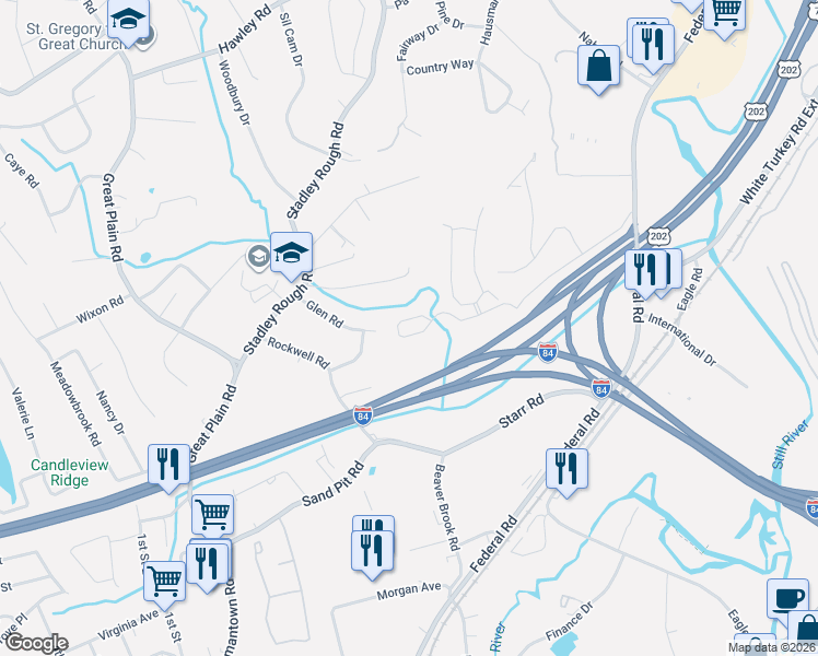 map of restaurants, bars, coffee shops, grocery stores, and more near 29 Cambridge Drive in Danbury