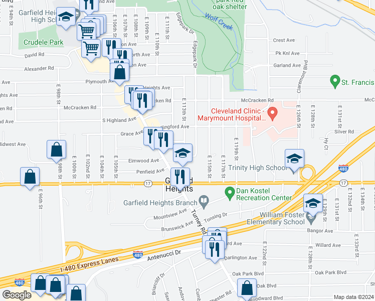 map of restaurants, bars, coffee shops, grocery stores, and more near 5237 East 113th Street in Garfield Heights