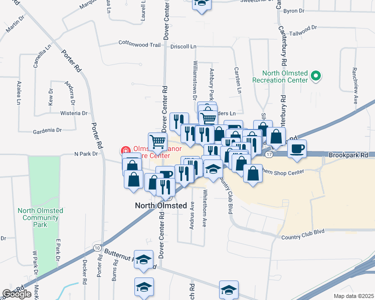 map of restaurants, bars, coffee shops, grocery stores, and more near 26741 Brookpark Extension in North Olmsted