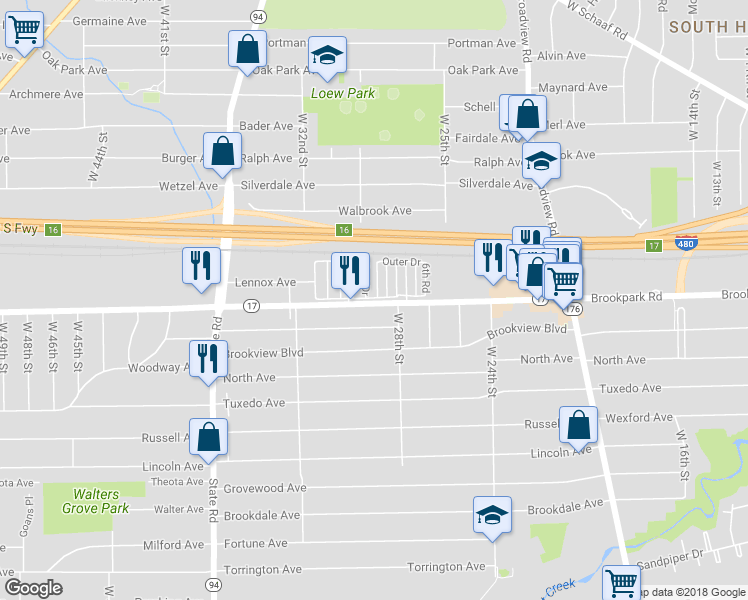 map of restaurants, bars, coffee shops, grocery stores, and more near 3000 Brookpark Road in Cleveland