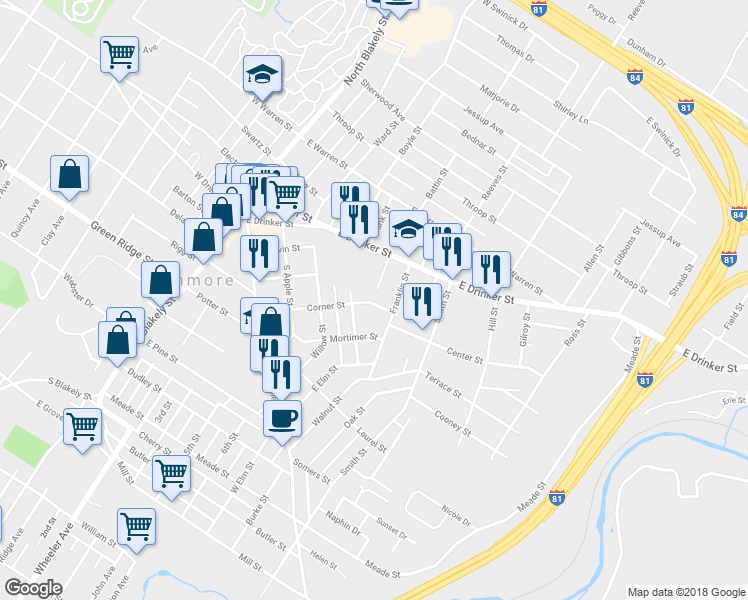 map of restaurants, bars, coffee shops, grocery stores, and more near 421 Corner Street in Dunmore