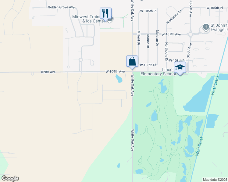 map of restaurants, bars, coffee shops, grocery stores, and more near 10966 White Oak Avenue in Cedar Lake