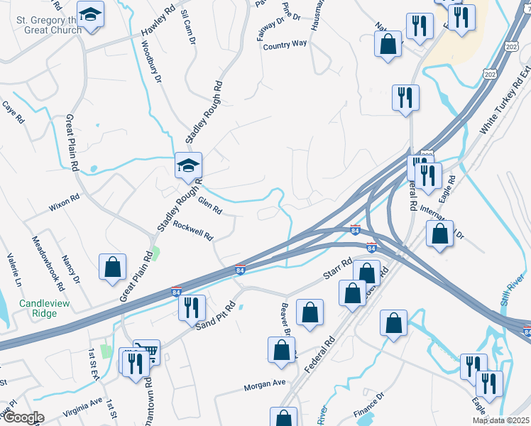 map of restaurants, bars, coffee shops, grocery stores, and more near 16 Cambridge Drive in Danbury